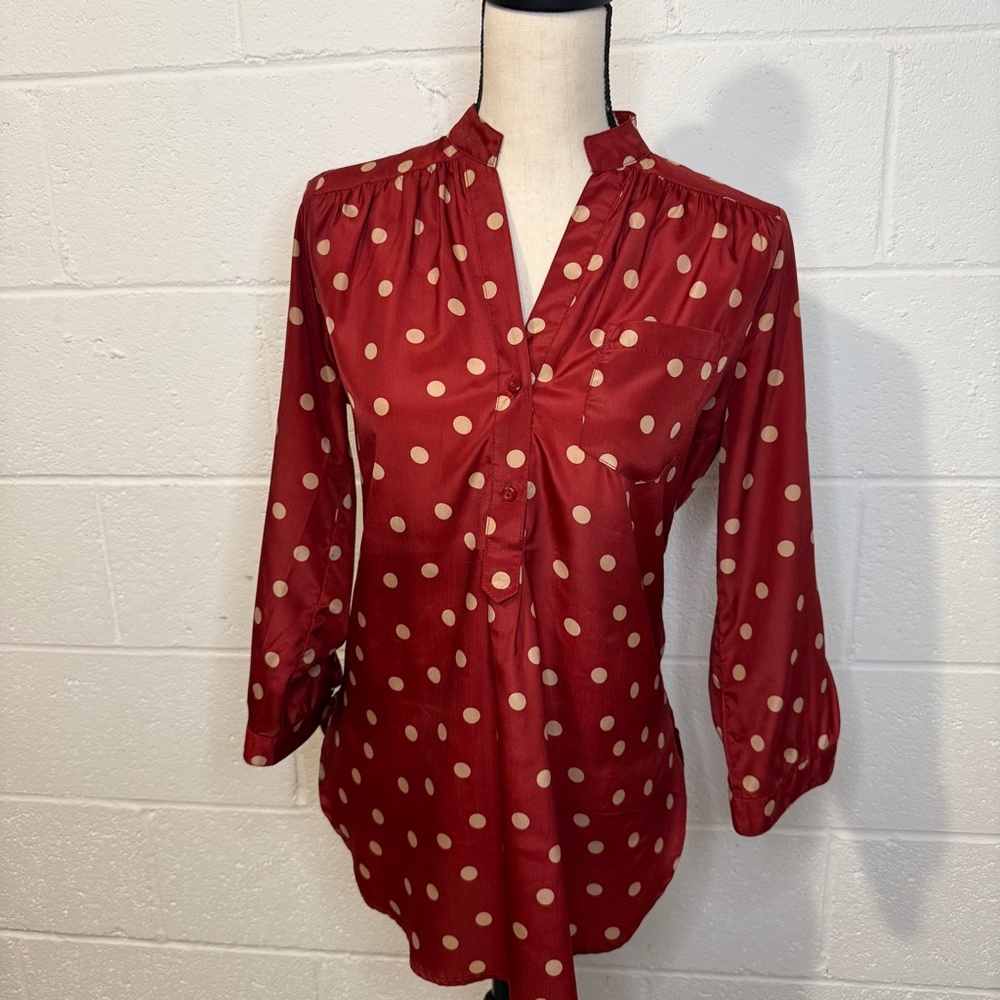 Fun 2 Fun Red and Beige Polka Dot V-Neck Tunic